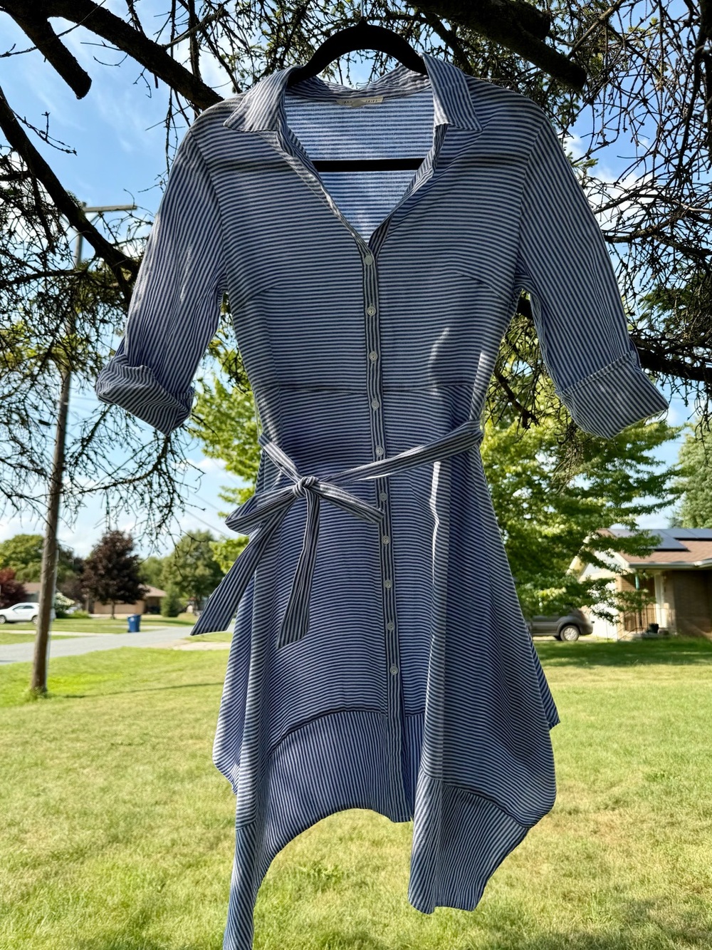 Striped Button-Front Tie-Waist Midi Dress - Blue